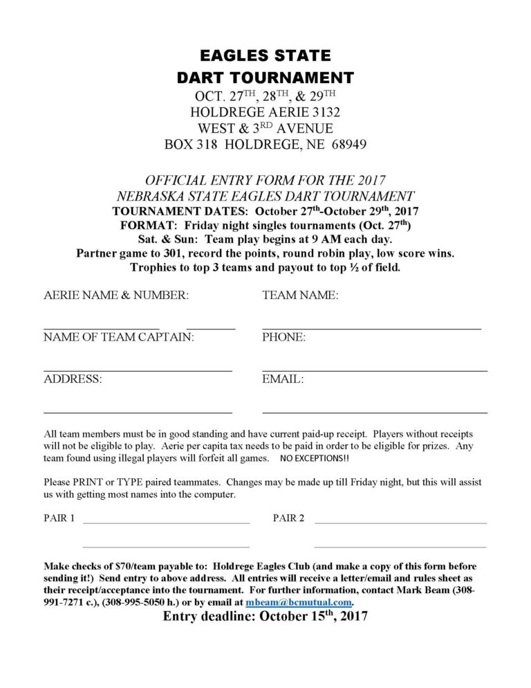 State Darts Registration Nebraska State F.O.E.