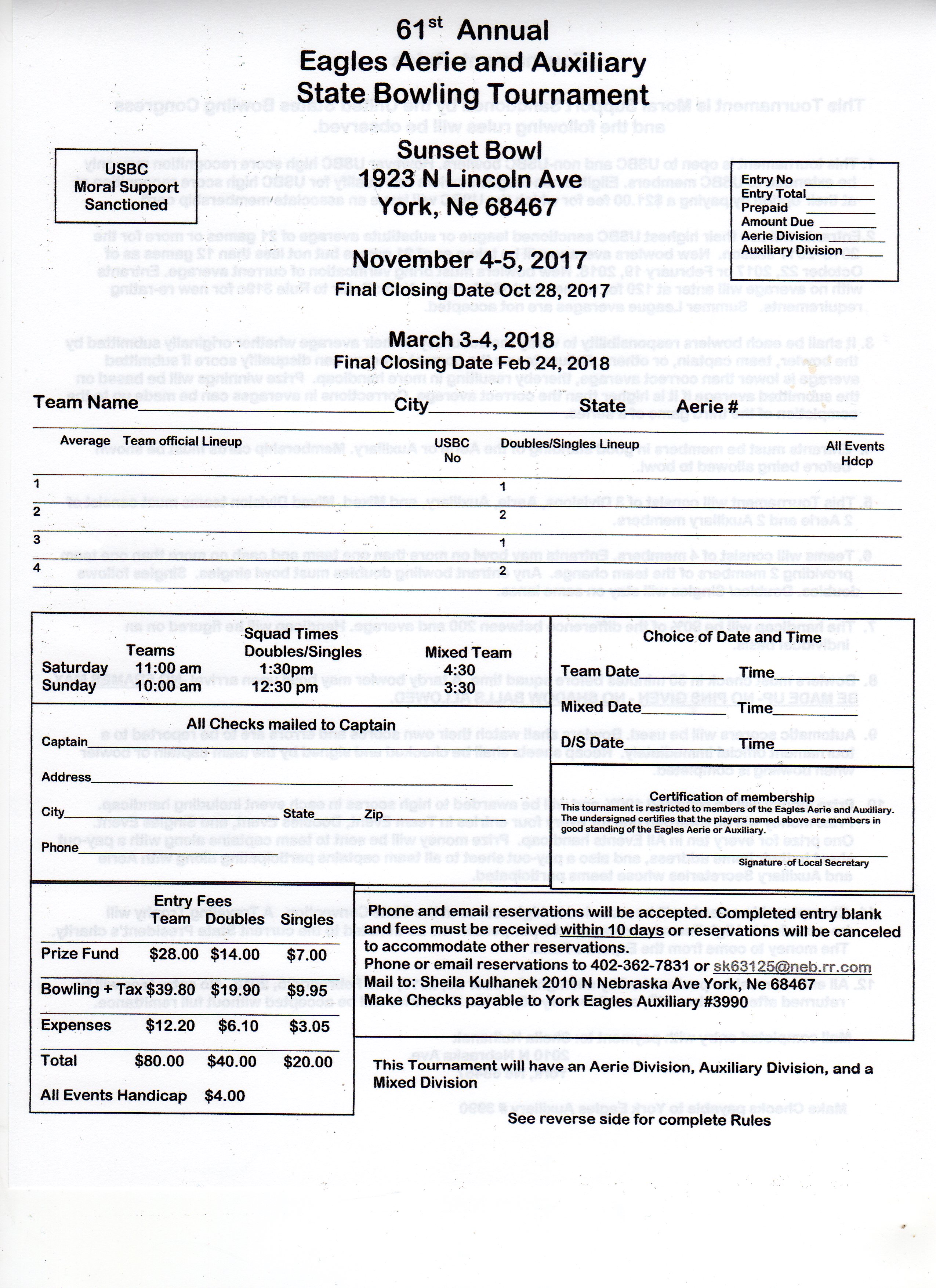 State Bowling Tournament Registration Nebraska State F.O.E.